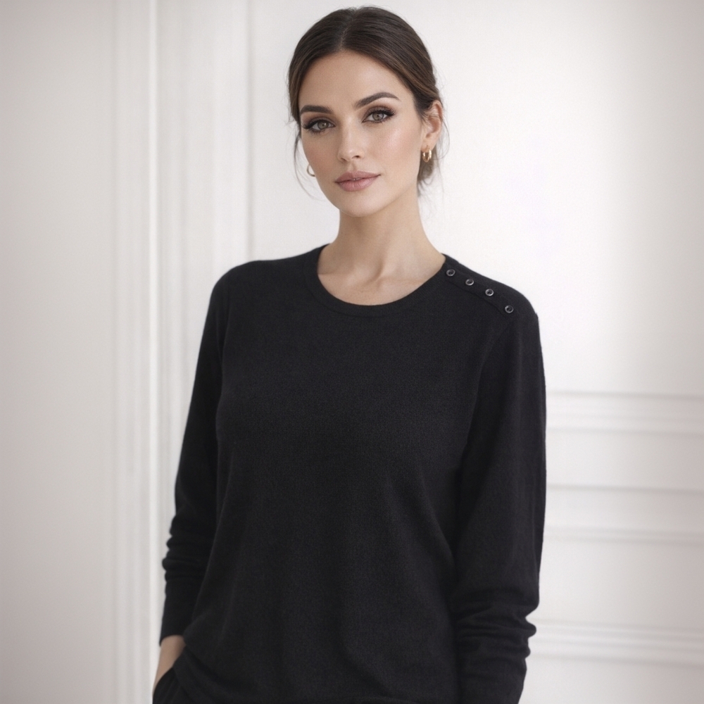 Victor Alfaro Wool Sweater XL Black Crewneck Shoulder Button Detail